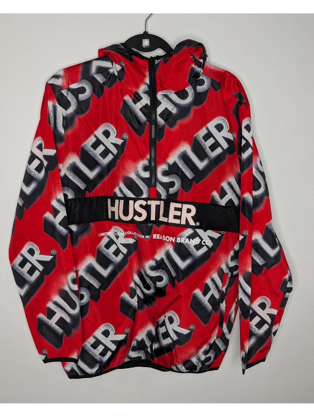 Reason Jacket Men S Red Hustler Logo Hooded 1/4 Zip Windbreaker Pullover